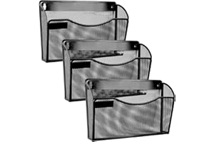 EasyOFC 3 Pocket Mesh Wall File Holder, A4 Landscape Mail Organiser Magazine Storage for Office Home School,Black