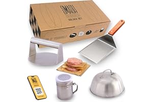 ADEGO Kit Smash Burger Profesional de Acero Inoxidable + QR con Recetario - Producto Certificado EU Contacto con Alimentos - Set Smash Burger Profesional - Aplastador Hamburguesa