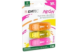 EMTEC Clé USB 2.0 C410 , Mémoire Flash Drive De 16Go, Lecture 5Mb/S, Écriture 15Mb/S, Compatible USB 2.0, USB 3.0, Transparentes Néon Fluo Avec Capuchon , Pack De 3