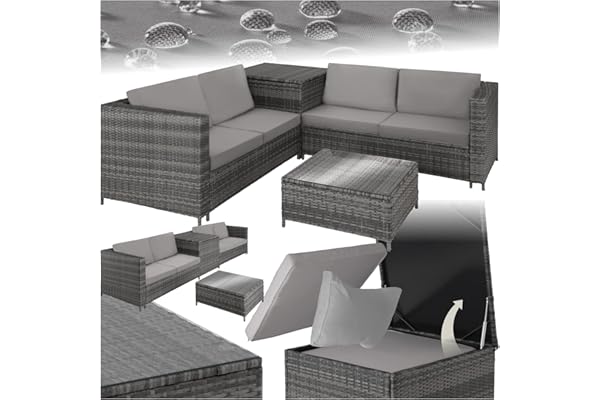 tectake® Ensemble Salon de Jardin Exterieur en Poly Rotin 4 Personnes, 2 Canapés modulables, Coffre de Rangement et Table de Jardin en Verre Inclus, Mobilier de Jardin pour Amenagement Balcon