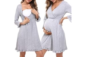 Bresdk Camicia da Notte Allattamento Cotone Morbidissimo Camicie da Notte Premaman con Volant Maniche a 3/4 Pigiama Parto Ospedale