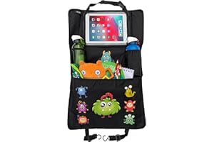 HECKBO 1x Organizador para Asiento Trasero de Coche con Bolsillo Ajustable para tabletas de hasta 20" con lámina táctil, Dibujos de Monstruos, Universal, Bolsillo térmico + Bolsillo con Malla elástica
