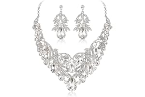 Clearine Juego de Joyas para Fiesta Nupcial Bohemio Gota de Cristal Hoja ahuecada Collar Llamativo Conjunto de Pendientes Colgantes para Mujer