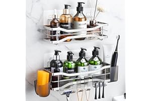 ALOCEO Mensola Bagno Adesiva, Mensola Doccia senza foratura pezzi 2 con 6 Ganci, Porta Shampoo Doccia Acciaio Inox, Argento