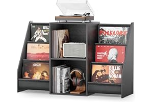 Bikoney Vinyl Record Player Stand with Storage – Turntable Table Cabinet Holds Up to 350 Albums, Media Console with CD Rack for Vinyl, Stereo & Turntable Setup (Vintage Black)