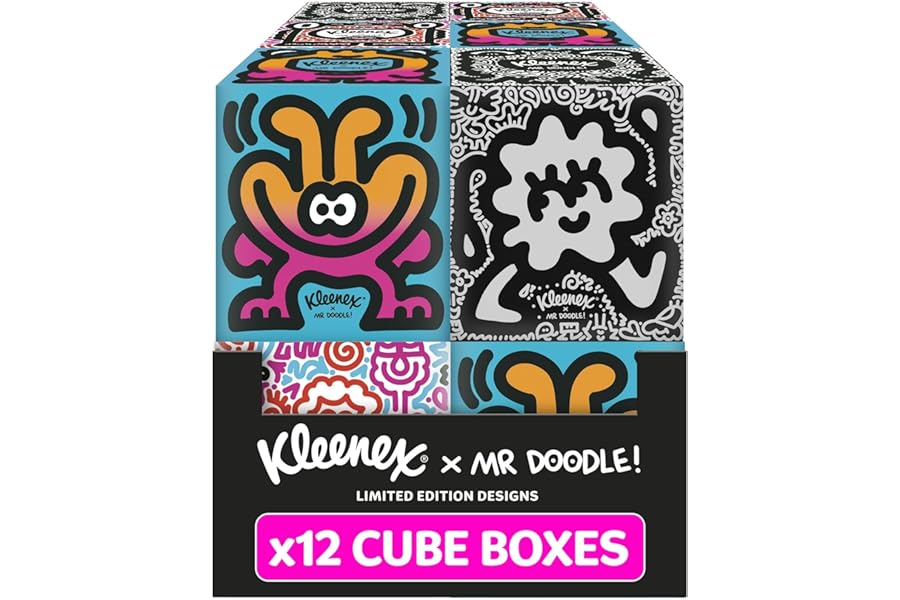 Kleenex x Mr Doodle Limited Edition Design Multipack Facial Tissues - 12 Cube Tissue Boxes, Designed in Collaboration with Mr Doodle, Made to Look Beautiful in The Home.