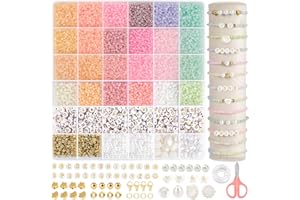 RUBY Lot de perles pour bracelets, perles en verre crème de 3 mm à enfiler soi-même pour bracelet, fabrication de bijoux, kit de breloques, cadeaux pour adultes, fêtes, anniversaires, etc