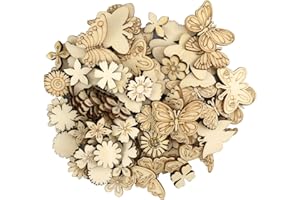 quiodok 200pcs Natural Wooden Craft Wood Flower Leaves Crafts Butterfly Craft Wooden Wood Slices Tag Decoupage Embellishments Ornaments for DIY Party Craft Card Making and Wedding Decorations