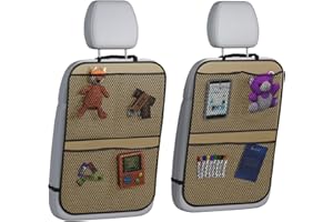 lebogner Back Seat Cover for Kids + 4 Pocket Storage Organizer, 2 Pack Kick Mats Backseat Protector, Car Accessories Waterproof Kick Guard for Vehicles to Protect from Dirt, Mud & Scratches, Beige