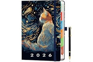 ZXHQ Diary 2026 Day Per Page A5, Jan - Dec, with Colorful Tabs, UK Holidays, Inner Pocket, 100 Gsm Paper, Pen Set, Full Year Daily Planner 2026 with Monthly View, 5.9" × 8.5" - Cat