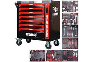 BM TOOLS Servante d'atelier 9/7 Monster-Edition-Red 7 tiroirs Pleins, 1 Porte & 1 tiroir Vertical - 257 Outils - sur roulettes Orange