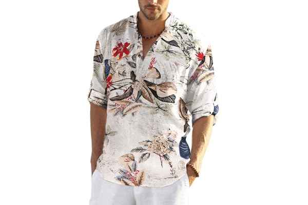 COOFANDY skjorta herr långärmad linneskjorta bomull Henley-skjorta casual normal passform sommarskjorta