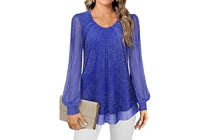 Gemulate Women's Blouses Ladies Long Sleeve Tops Chiffon Tops for Women UK Crew Neck Pleated Front Loose Fit Ladies Top Flowy Double Layered Mesh Shirts M-3XL