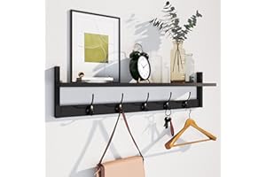 BAMEOS Wall-Mounted Shelf with Hooks - 73.5cm Entryway Hanging Shelf Featuring 5 Dual Hooks, Key Rack Wall Mount for Bathroom, Living Room, Bedroom, Kitchen Decor (Black)