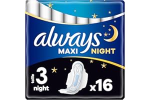 Always Maxi Serviettes Hygiéniques, Taille 3, Night, 16 Serviettes Avec Ailettes, Flux Très Abondants Nuit, Cœur Ultra Absorbant et Barrières Anti-Fuites