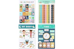 ICEBLUEOR Lot de 4 affiches éducatives,Tableau d'apprentissage mural,Lettres de l'alphabet,Chiffres,Heure et corps,Pour les tout-petits,Éducation précoce,Décoration de salle de classe