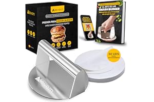 Alevem Smash Burger Smasher de Acero Inoxidable 304 | Aplastador de Hamburguesas Incluye Papel Hamburguesa Antiadherente 50 Pcs | Prensa Hamburguesas Smash y se Cocinarán en 3 Minutos