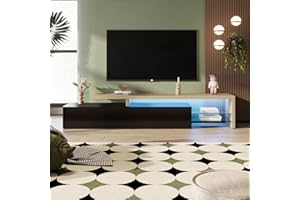 JOROBURO Mobile TV moderno con luci LED variabili, 3 ante e ripiani in vetro, elegante credenza per soggiorno (bianco) (Nero)