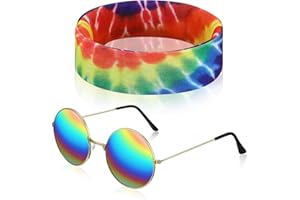 Fiada 2 Stück Hippie Kostüm Set Tie Dye Sonnenblume Hippie Stirnband Vintage Runde Hippie Brille 70er Sonnenbrillen Regenbogen Hippie Accessoires für 60er Hippie Verkleidung Halloween Festival