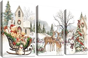 HALFLEMART 3Pcs Stampa su tela Con Cornice Albero di Natale Renne Pittura Pupazzo di Neve Slitte Orso Regali Quadri su tela Quadri Moderni Soggiorno Camera da Letto Corridoio Decorazioni Murale 30x40cm x3pcs