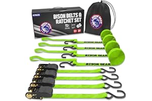 Ratchet Straps 20ft (6m) 4 Pack 1000kg Break Strength High Visibility UV Resistant Heavy Duty Cargo Tie Down Straps by Bison Gear® (6m 1000kg BS, Green + Softloops)