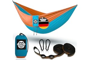 Monkey Swing Hängematte Ultraleicht inkl. Karabiner & Schwerlastgurten (bis 300 kg belastbar, 275 x 140 cm) – ideal für Camping, Outdoor, Trekking & als Reisehängematte (Türkis/Orange)