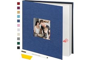 Miaikoe Photo Album Self Adhesive Scrapbook Album for 4x6 5x7 8x10 Pictures,40 Pages Linen Cover Album with Display Window DIY Book with A Metallic Pen and Scraper (Blue)