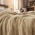 PHF Ultra Soft Flannel Fleece Blanket King Size, Lightweight 3D Jacquard Fleece Blanket, No Shedding, No Pilling, Luxury 340GSM Aesthetic Fluffy Cozy for Bed Room Decor, 108"x90", Camel/Light Khaki