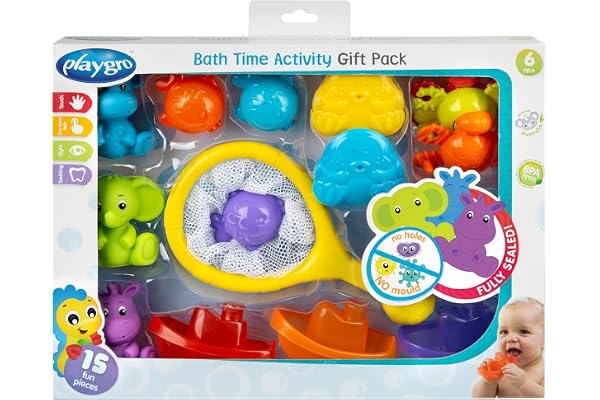 Playgro Bath Time Activity Gift Pack, 15 pièces, Coffret de Bain pour bébé, Filet de Rangement, Animaux et Bateaux, Cadeau à partir de 6 Mois