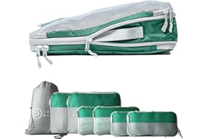 TRAVEL DUDE Zestaw toreb do pakowania z kompresją z butelek plastikowych pochodzących z recyklingu | zestaw torebek do pakowania do plecaka i walizek | Zielony, 7-częściowy