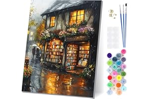 EOBROMD Bookstore in The Rain Paint by Numbers for Adults, Paint by Numbers Kits with Frame, Painting by Numbers for Gift Home Wall Decor 12x16inch