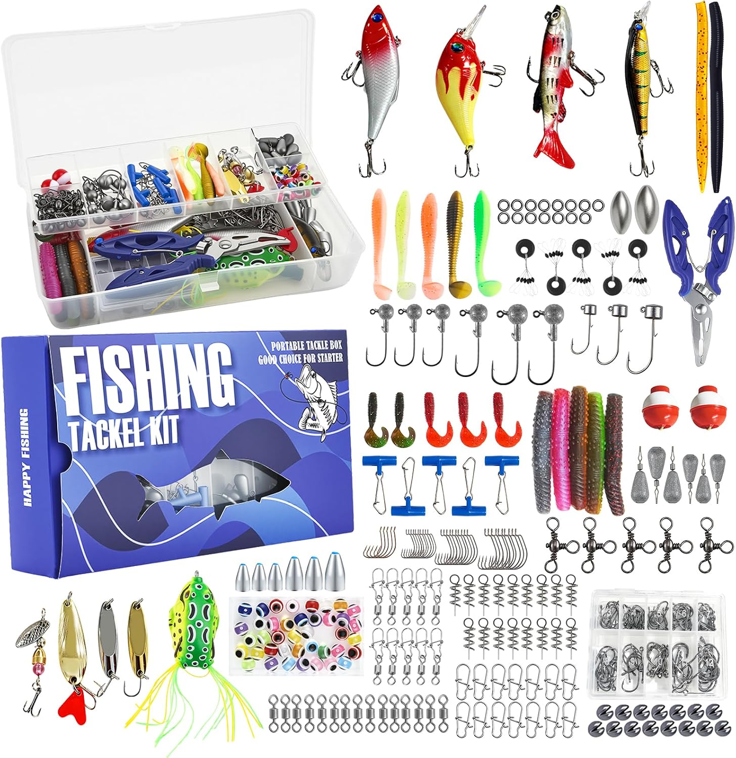 Juego de accesorios de pesca de 332 piezas, maletín con 2 estantes, con cebos, pesos de plomo, ganchos, pinzas para pesca, equipo de pesca en agua dulce y salada, regalo para pescador