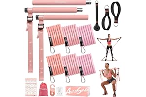ALongSong Barra per Pilates, Barra di Elastici Fitness con 4/6 Elastico in Lattice Naturale 50-360 o 30-240 o 30-140 o 20-180Lbs e Video di Esercizi, Adatto All’allenamento in Famiglia