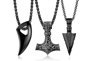 JeweBella 3 szt. Naszyjnik z młotem Thora Mjolnir ze stali nierdzewnej Mjolnir Wolf Ząb Amulet Chain Chain Srebrny/Czarny Nordic Viking Runa Naszyjnik Mężczyźni Biżuteria Prezent