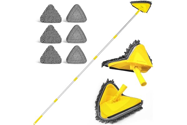 JEHONN Vadrouille de Nettoyage Rotative à 360°, Balai Plafond Triangulaire avec 202 cm Longue Poignée, Dernier cri 180°Serpillère Pliable avec 6 Microfibre Chenille Pads pour Mur, Plafond (Jaune)