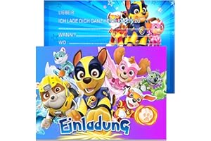 SUNYOVIME Einladungskarten Kindergeburtstag Junge Mädchen,12x Paw Patrol Einladungskarten,Schöne Partyeinladungen für Kinder zum Geburtstag Einschulung und Kinderparty,für alle Paw Patrolbegeisterten