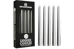 DECO EXPRESS Candles Set Classic Dripless Tapered Metallic Unscented 8H Burning Time, Decorative Dinner Candles for Restaurant Home Christmas (Silver, 15 Pack)