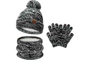 BEQUEMER LADEN Kinder Winter Pompom Mütze Loop Schal Handschuhe Set, Wintermütze Fäustlinge für 0-4 Jahre Baby Kleinkinder, Strickmütze Touchscreen Handschuhe für 5-8 Jahre Mädchen Jungen