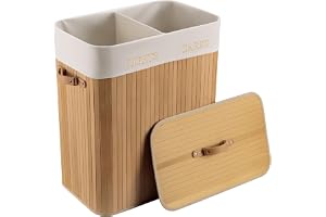 Wiltec Hopfällbar tvättkorg i naturfärgad bambu 105L med tvådelad uttagbar tvättsäck korg med handtag och lock möbel för badr