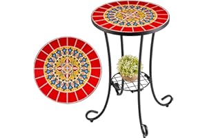 VONLUCE 35,5cm Mesa Auxiliar de Mosasico con Estante para Interior y Exterior Soporte de Plantas de Azulejos de Cerámica de 36CM Mesita Auxiliar para Jardín, Sala de Estar y Patio (Rojo)