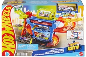 Hot Wheels City “Let's Race - ¡a correr!” Netflix -Túnel de lavado con giros Pista para coches de juguete, incluye 1 vehículo color shifter, +4 años (Mattel HTN80)