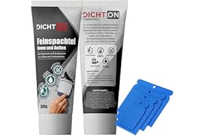DICHTON Feinspachtel weiß 300g mit Spachtelset innen & aussen - Wand & Decke Fertigspachtel, Bohrloch- & Rissfüller, Spachtelmasse zum reparieren & ausbessern - schnelltrocknend, überstreichbar - D.60W