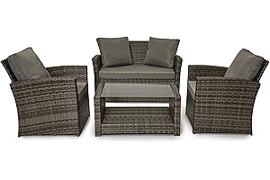 EVRE 4 Seater Rattan Garden Conservatory Patio Furniture Sofa Armchair Roma Set with Glass Top Coffee Table Wicker Weave Sofa and Cushions (Grey)