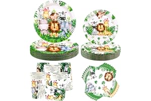 LSJDEER Safari Jungle Birthday Tableware Set - Wild One 1st Birthday Decorations - Dinner Plates Desserts Plates Cups Napkins for Animal Party Supplies, Serves 20 (40)