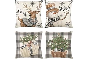 Bekecidi Zestaw 4 świątecznych poszewek na poduszki, lniane, kwadratowe, bałwan, łoś, sofa, na Boże Narodzenie, artykuły dekoracyjne, wystrój domu, 45 x 45 cm