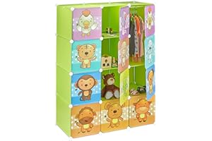 Relaxdays Scaffale Componibile per la Cameretta dei Bambini, Immagini Graziose di Animali, Ante e Bastone Appendiabiti, Verde