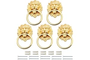 MGOODOO Knobs Lion Head Front Door Knockers Home Garden Door Knocker Gold Drawer Knob Handle Lion Pull Ring 90x50mm Large Gold 5Pcs