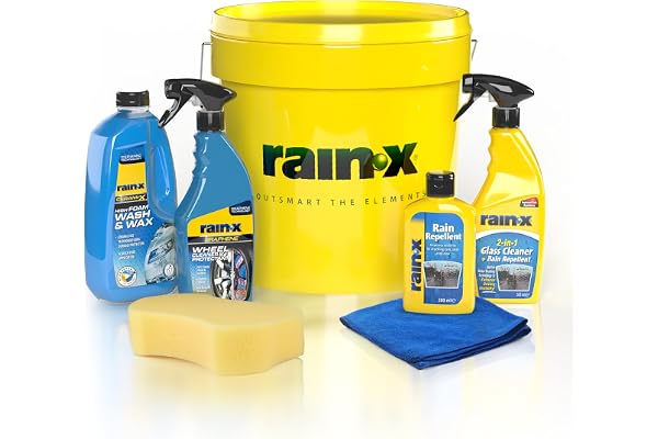 Rain-X Kit de Nettoyage Voiture, Shampoing Voiture, Anti-Pluie PArebrise, Nettoyant Pneus Voiture et Accessoires, Bleu