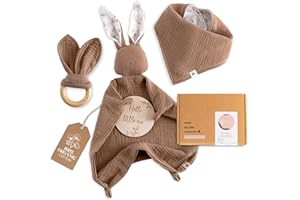 Mikito - Pack con 4 Regalos Para Bebes Recien Nacidos Originales - Doudou Bebe Muselina + Babero Bandana + Mordedor + Tarjeta - Ideal Como Pack Regalo/Canastilla Bebe