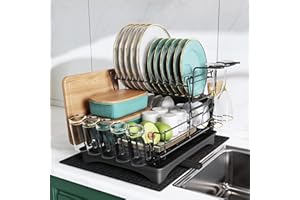 MAJALiS Dish Drying Rack - 2 Tier Stainless Steel Dish Drainer Rack with Drip Tray and Drainer Mat, Sink Dish Rack with Utensil Holder, Draining Board Rack for Kitchen Counter, Black